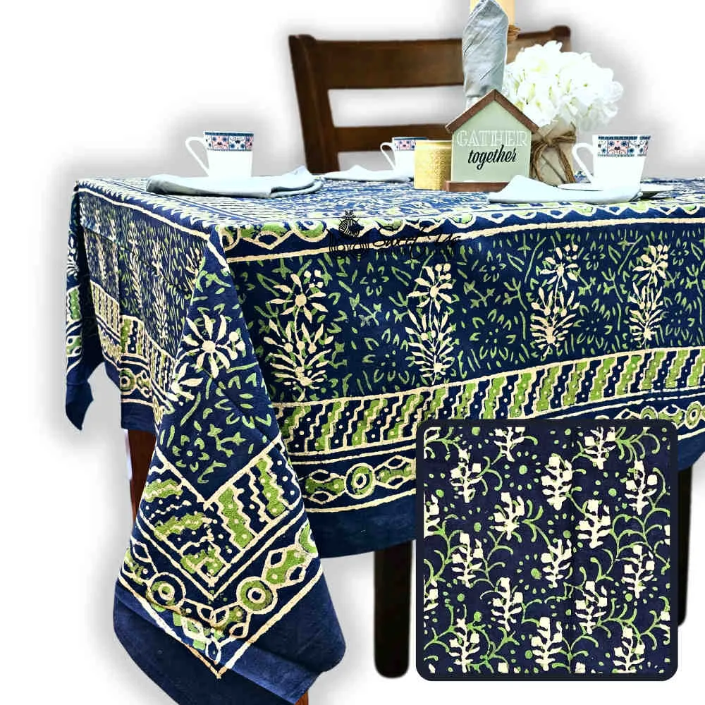 Block Print Cotton Floral Rectangle Tablecloth 60x90 Blue, Green, Red