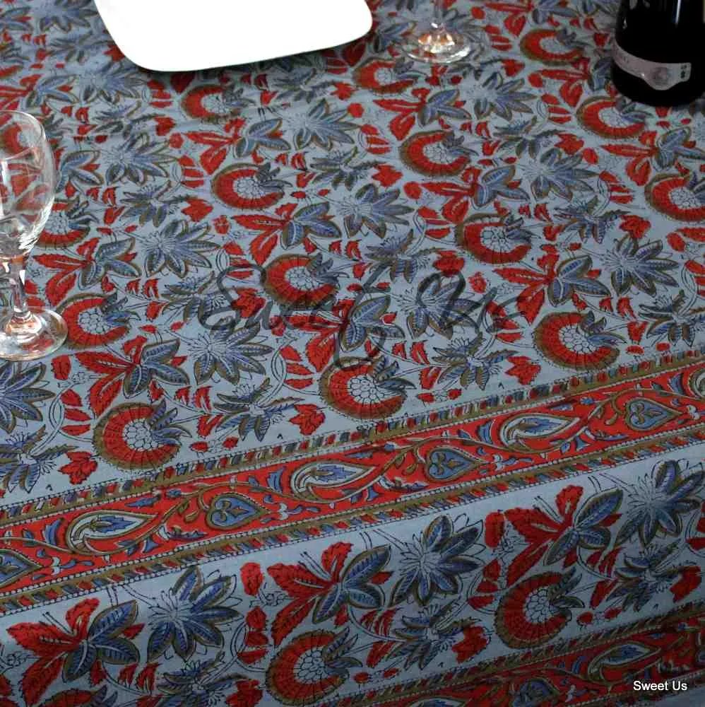 Block Print Cotton Floral Tablecloth Rectangle Blue Red Olive Bed sheet Queen