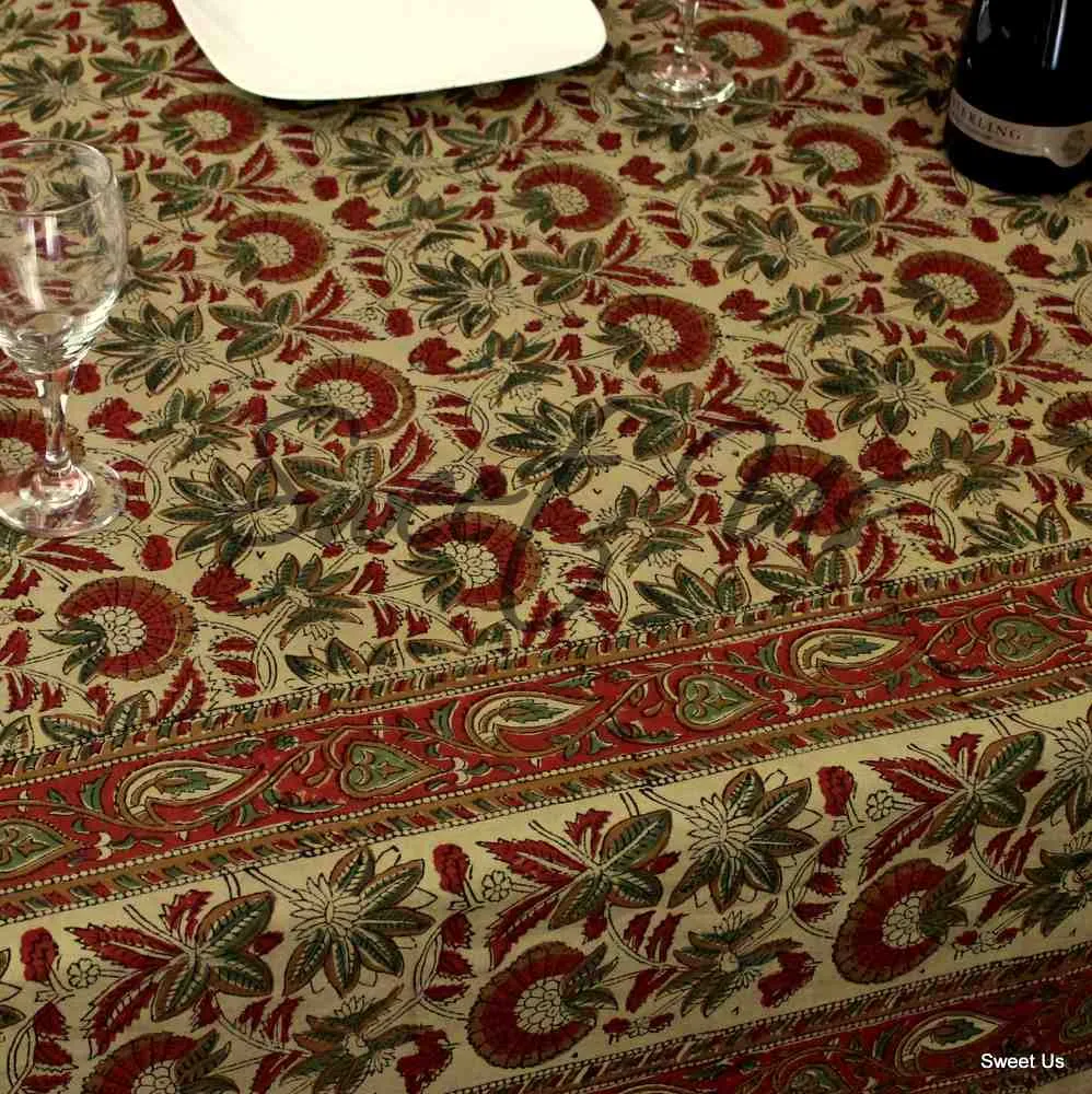 Block Print Cotton Floral Tablecloth Rectangle Tan Red Green Gold