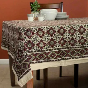 Block Print Cotton VEGGIE DYE Geometric Tablecloth Rectangle Red Beige