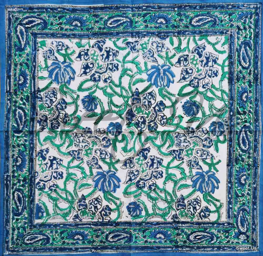 Block Print Paisley Tablecloth-Rectangle Square Round Table-Cotton Blue Green