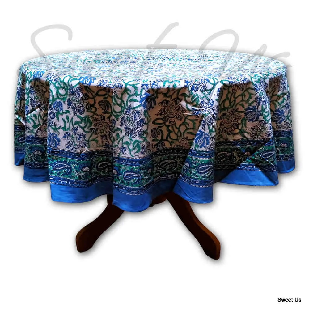 Block Print Paisley Tablecloth-Rectangle Square Round Table-Cotton Blue Green