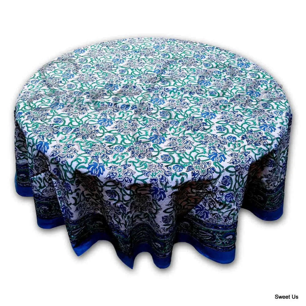 Block Print Paisley Tablecloth-Rectangle Square Round Table-Cotton Blue Green