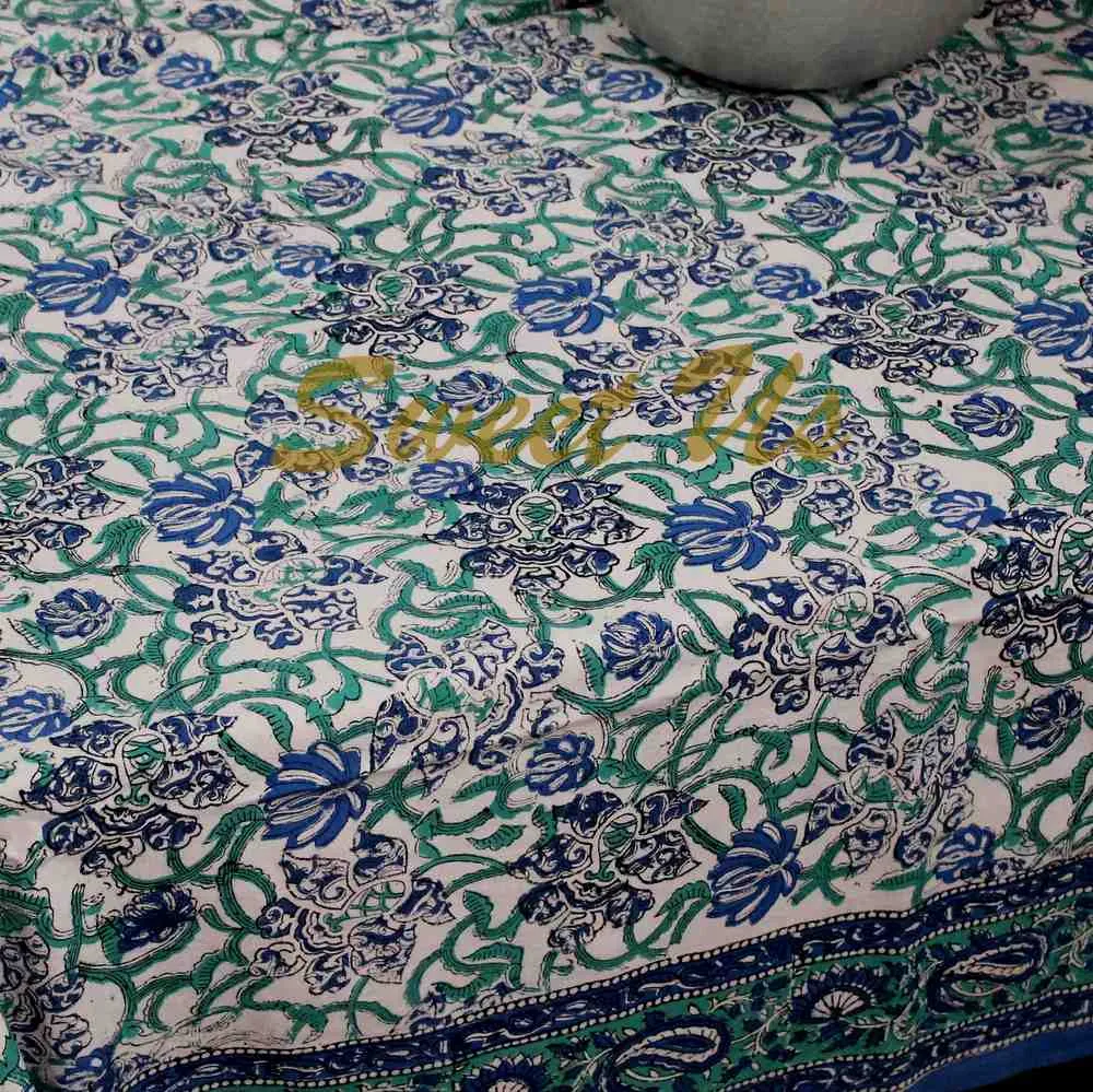 Block Print Paisley Tablecloth-Rectangle Square Round Table-Cotton Blue Green