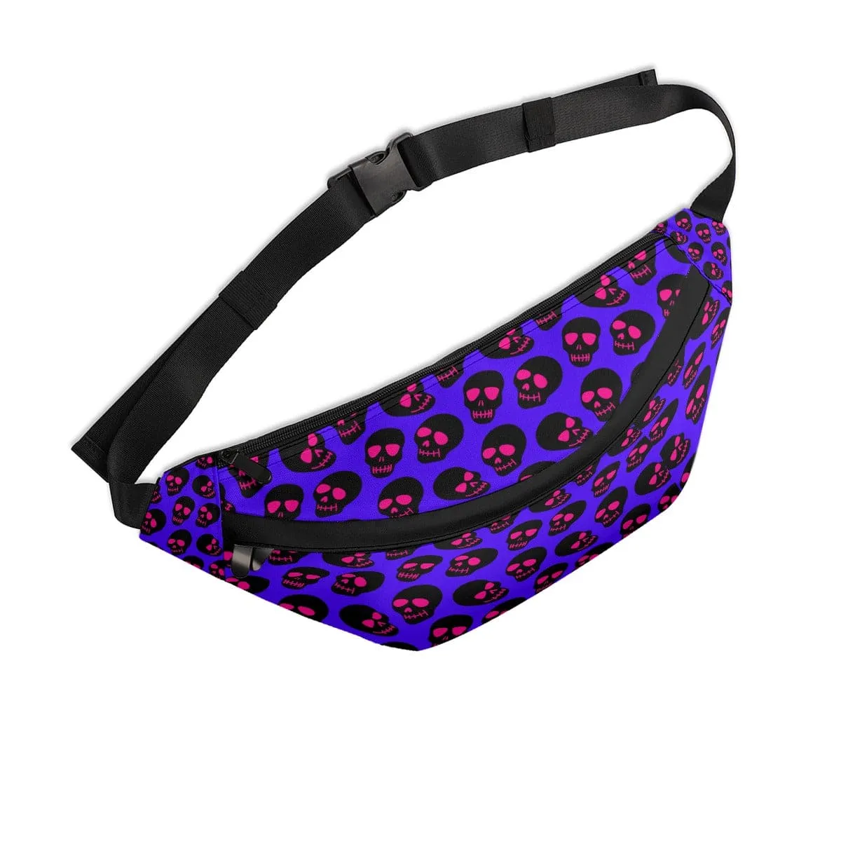 Blue Background With Black Skull & Red Eyes Large Fanny Bag