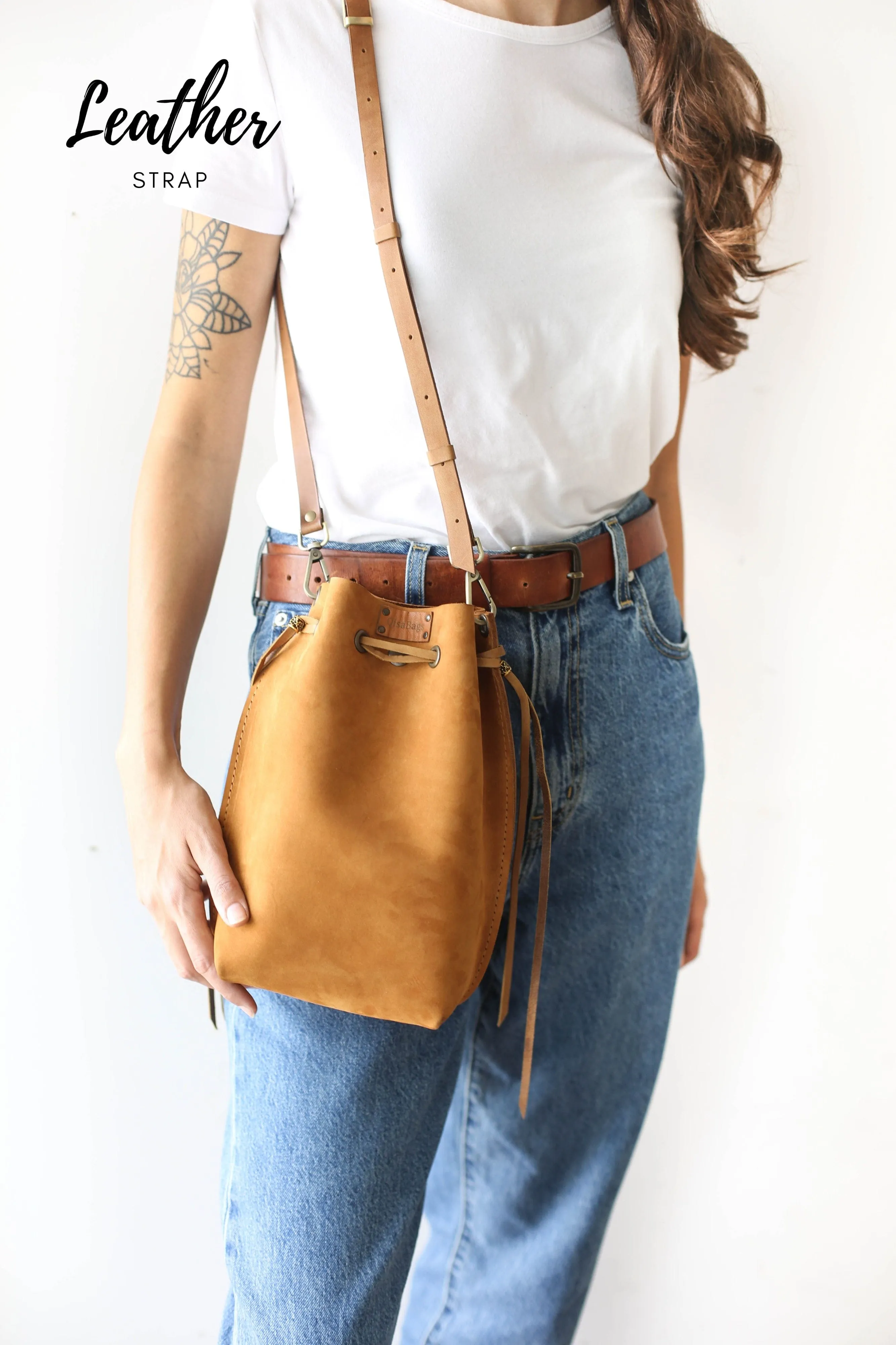 Brown Nubuck Bucket Bag w/Drawstrings