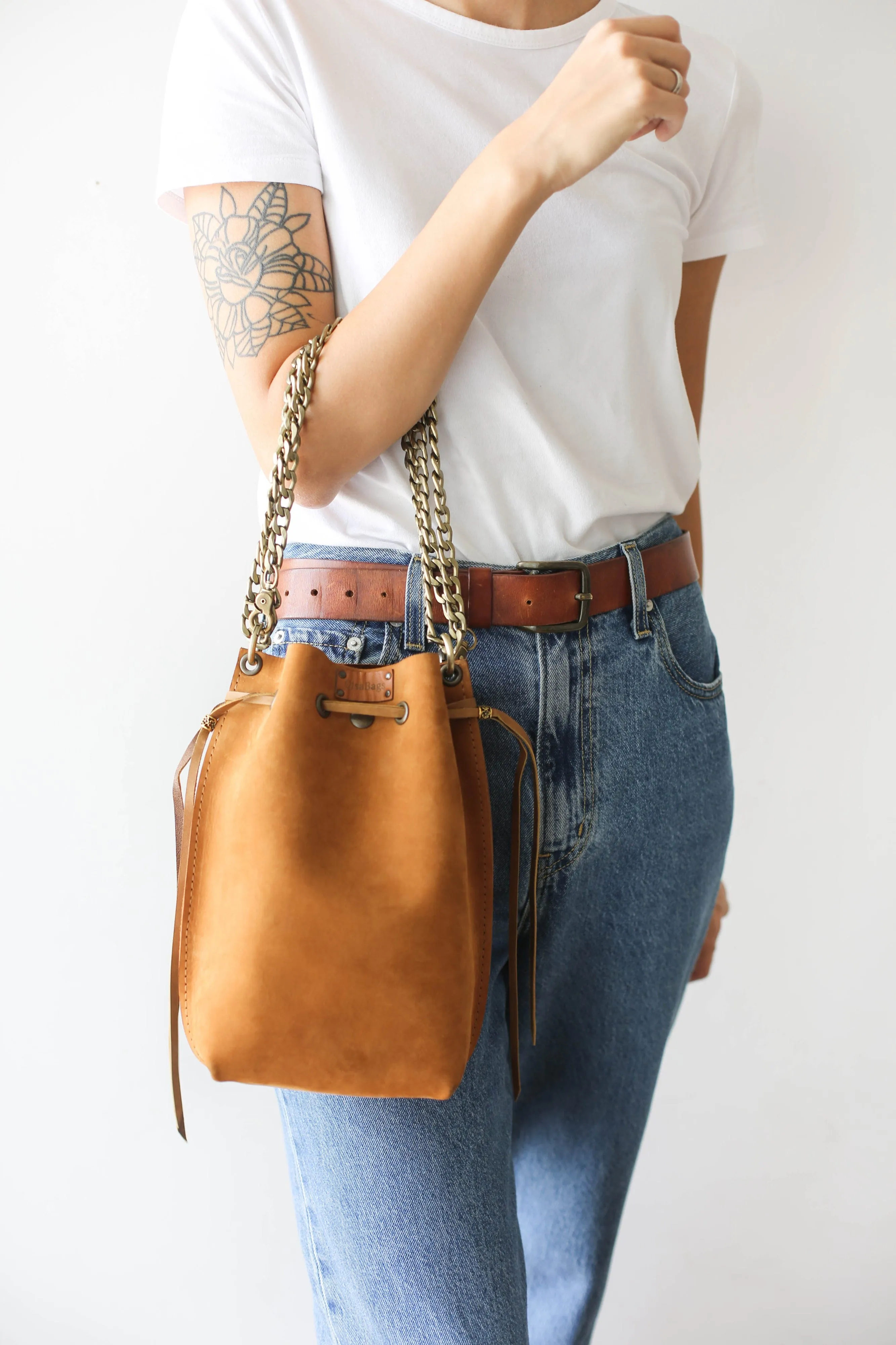 Brown Nubuck Bucket Bag w/Drawstrings