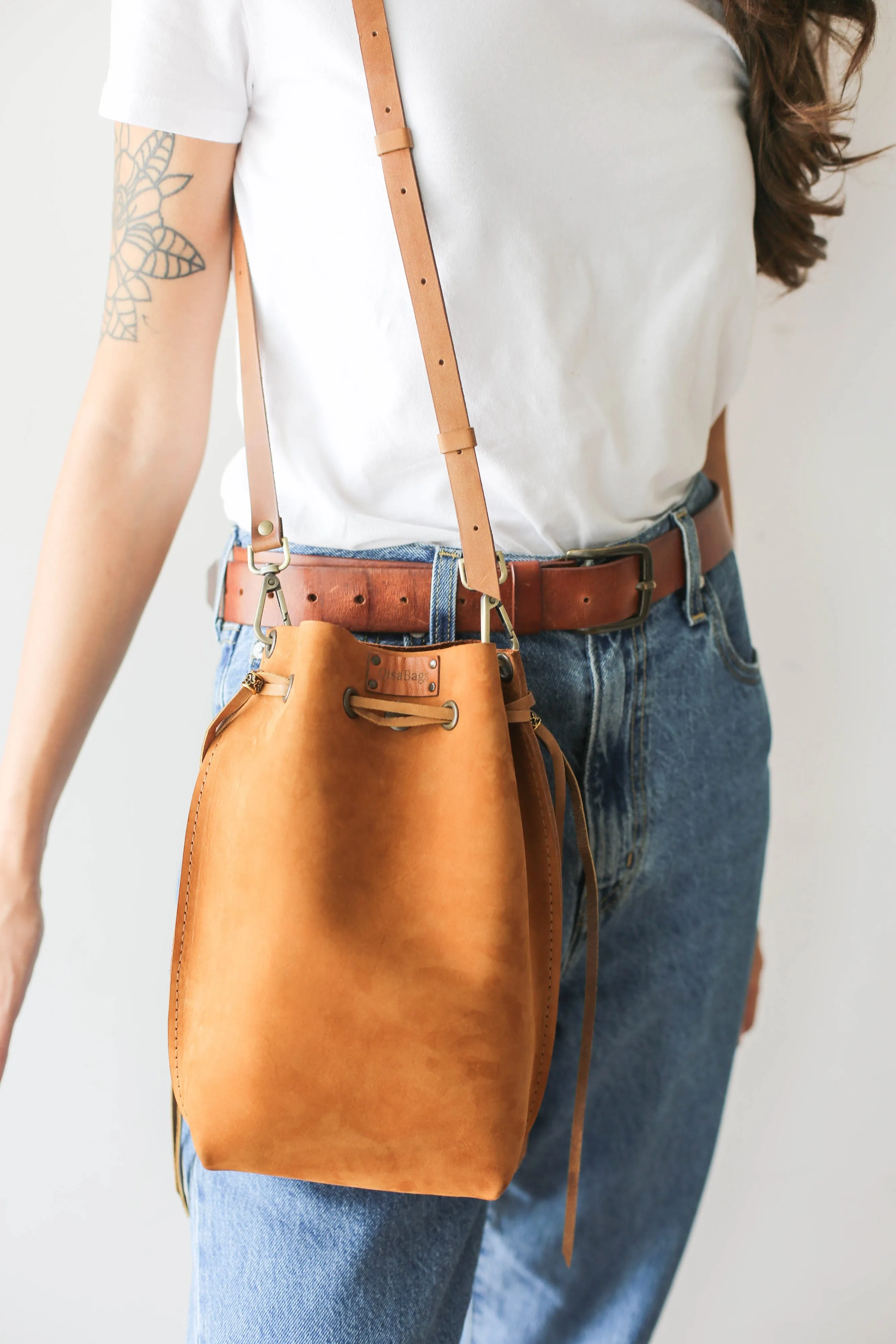 Brown Nubuck Bucket Bag w/Drawstrings