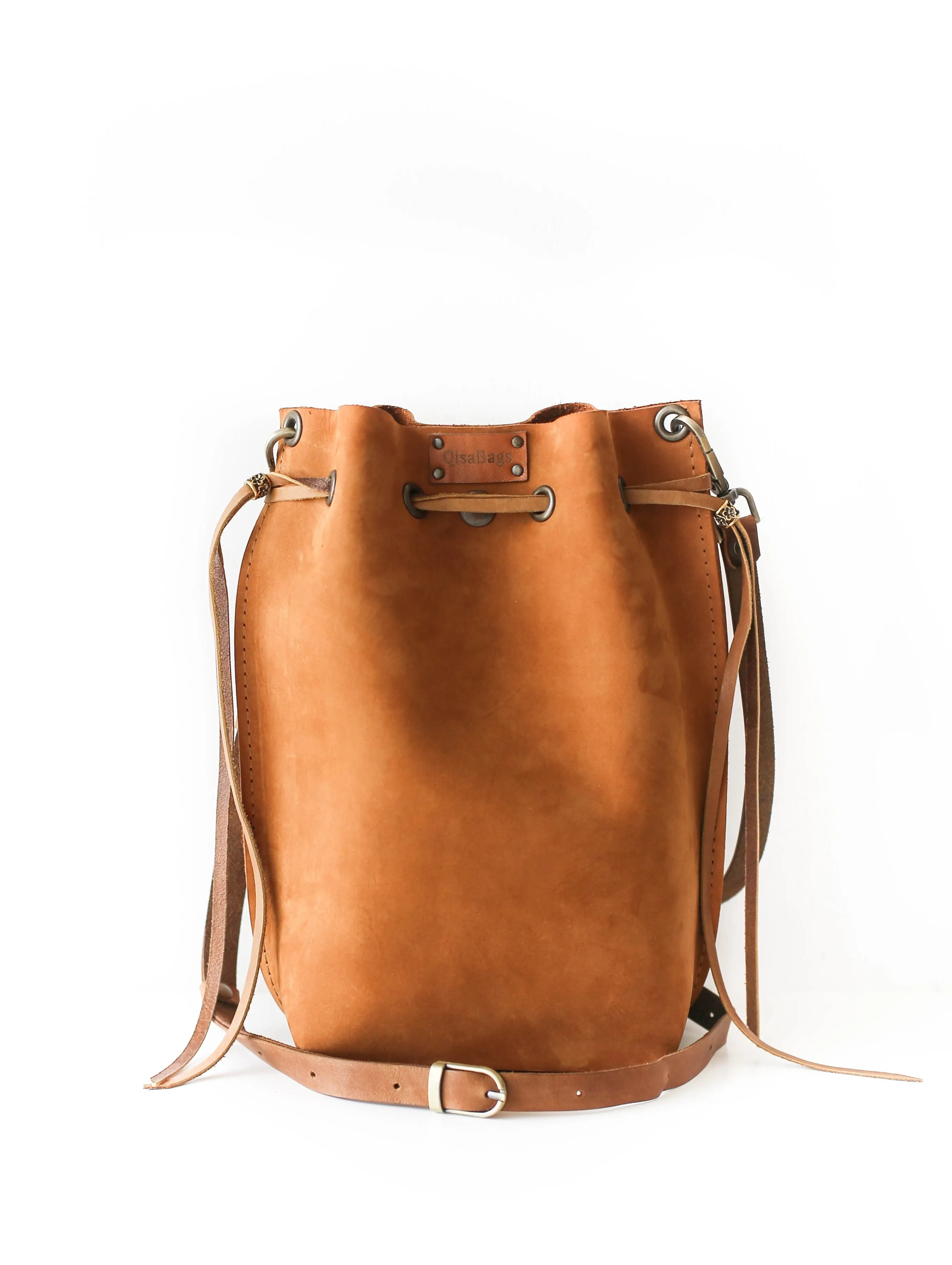 Brown Nubuck Bucket Bag w/Drawstrings