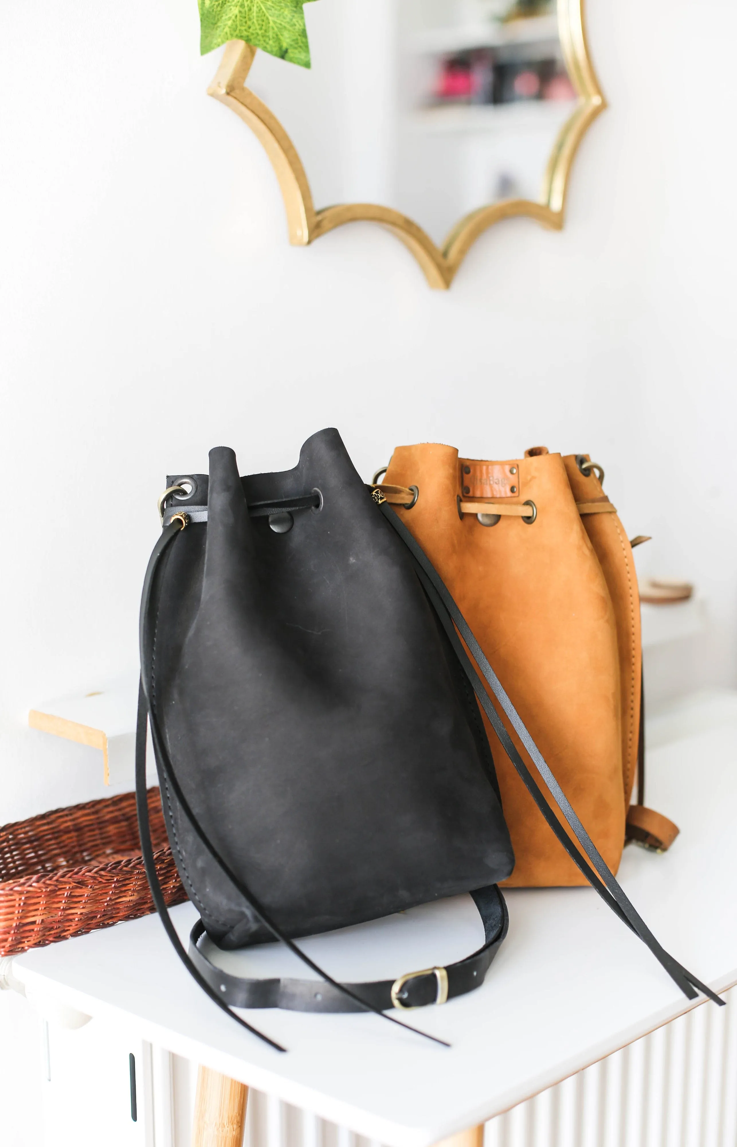 Brown Nubuck Bucket Bag w/Drawstrings