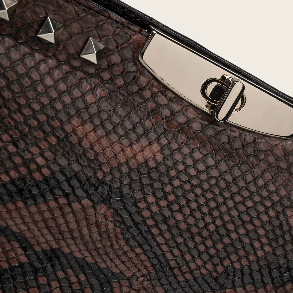 Brown python geometric top handle handbag