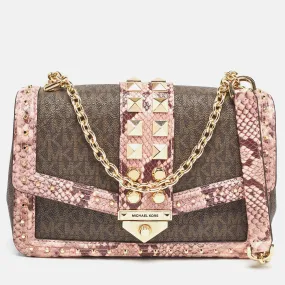 Brown/Pink Signature Coated Canvas & Python Embossed Large Studded Soho Shoulder Bag