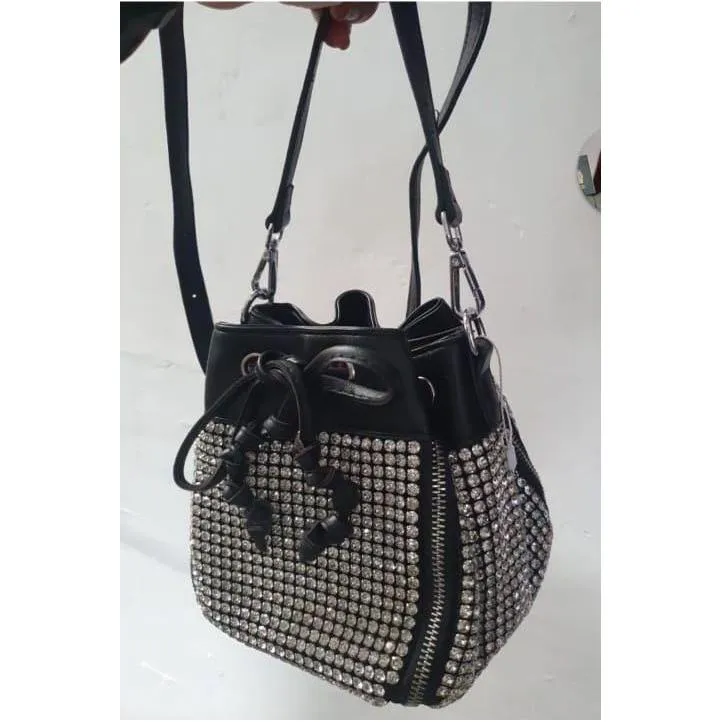 Bucket Luxury Crystal Top Handle Faux Leather Crossbody Shoulder Bag.