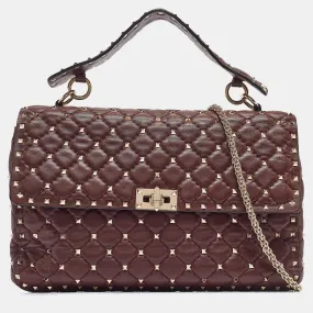 Burgundy Leather Large Rockstud Spike Top Handle Bag