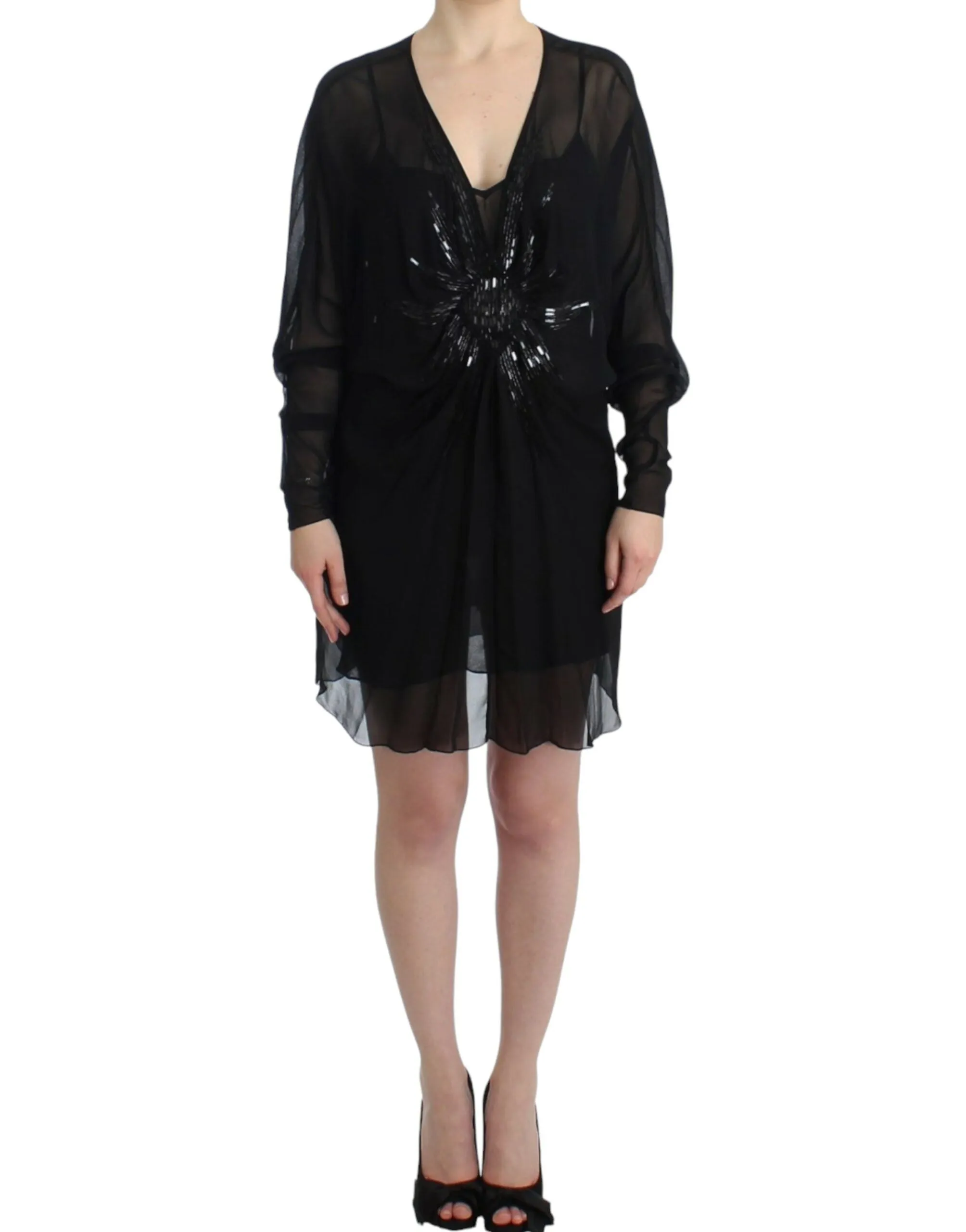 Cavalli Elegant Sheer Black Silk Blouson Dress