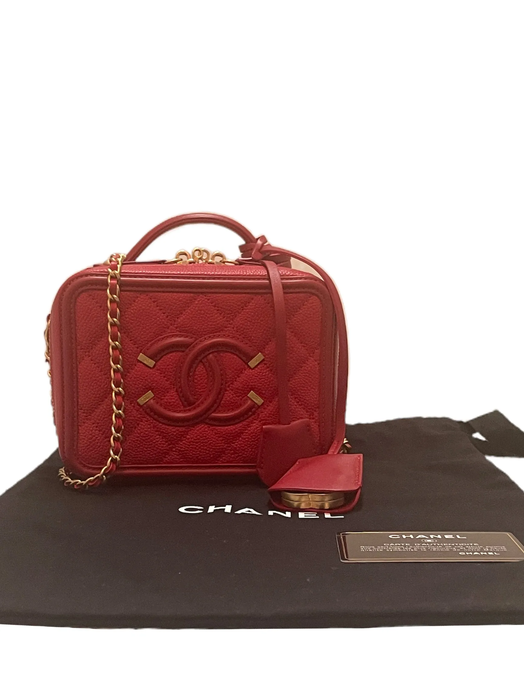 Chanel Red Caviar Small CC Filigree Vanity Case Crossbody Bag