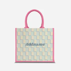 Checkered Series Half Lining Jute Bag - Blue Light Pink