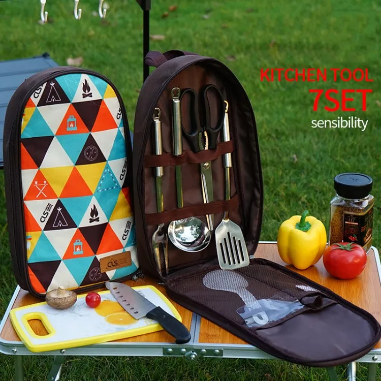 CLS 7-In-1 Outdoor 201 Stainless Steel Cookware Set Picnic Kitchenware Portable Handbag Picnic Bag(Triangle Pattern)