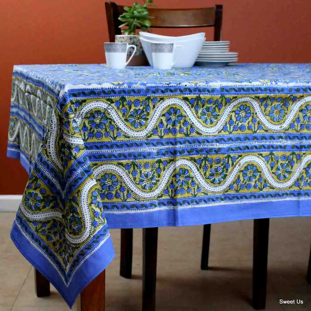 Cotton Block Print Paisley Floral Tablecloth Rectangle Blue Gold Green