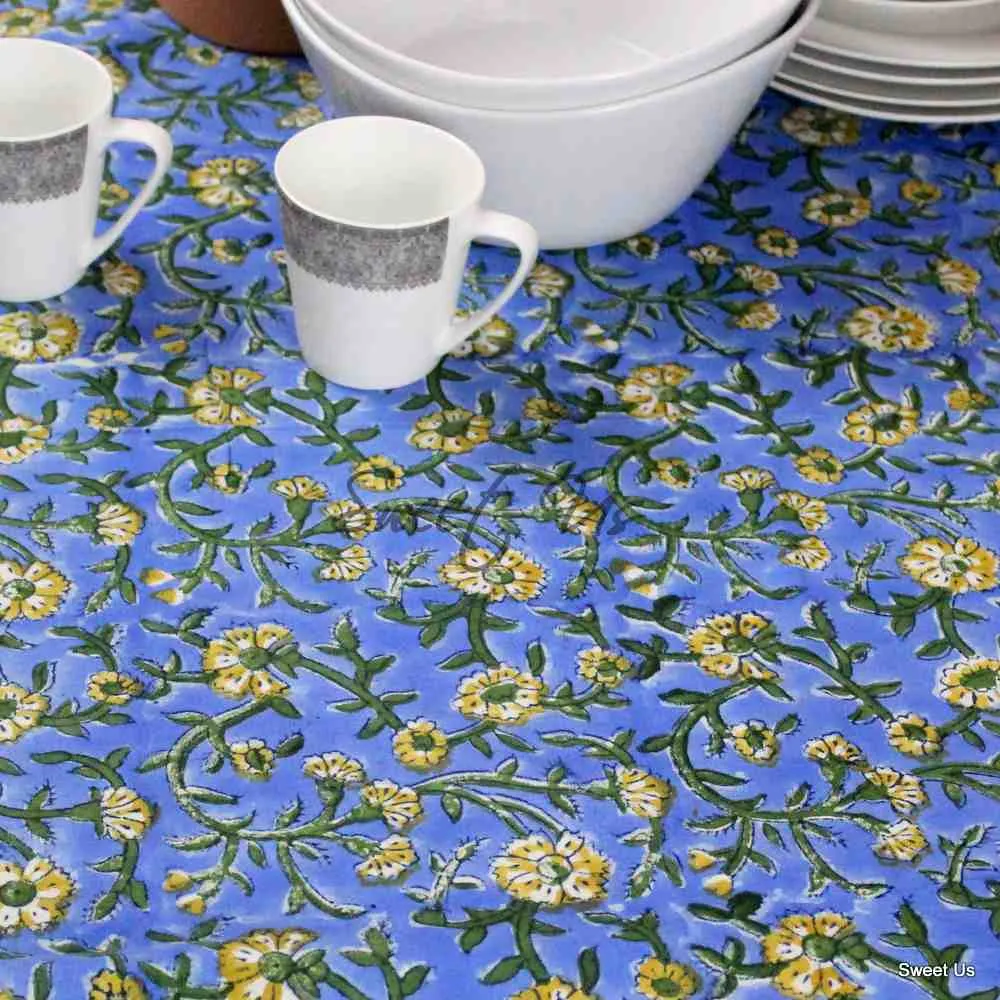 Cotton Block Print Paisley Floral Tablecloth Rectangle Blue Gold Green