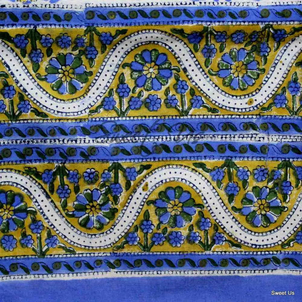 Cotton Block Print Paisley Floral Tablecloth Rectangle Blue Gold Green