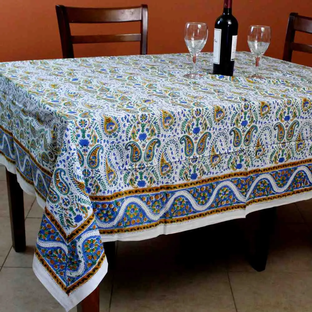 Cotton Block Print Paisley Floral Tablecloth Square 72 inch White Gold Blue