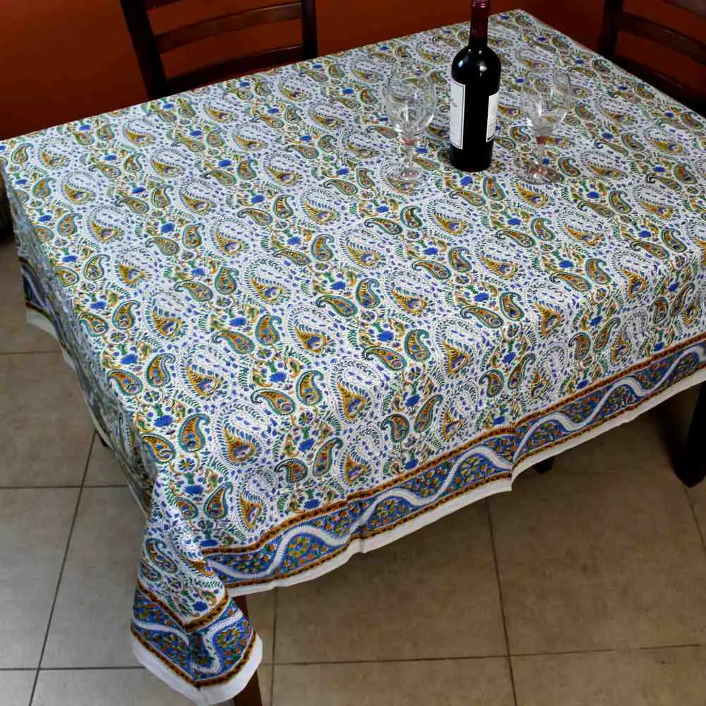 Cotton Block Print Paisley Floral Tablecloth Square 72 inch White Gold Blue