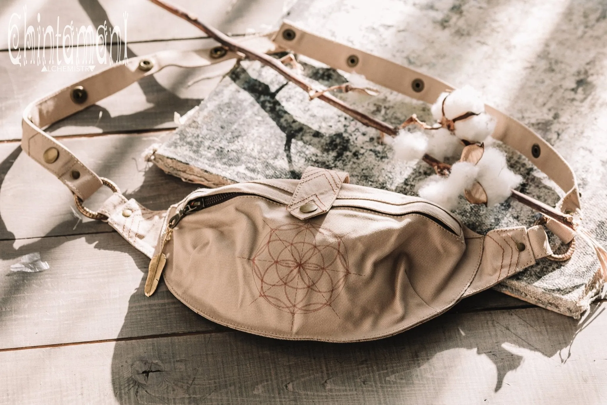 Cotton Canvas Banana Fanny Pack / Waist Bum Bag with Flower of Life Pattern / Beige