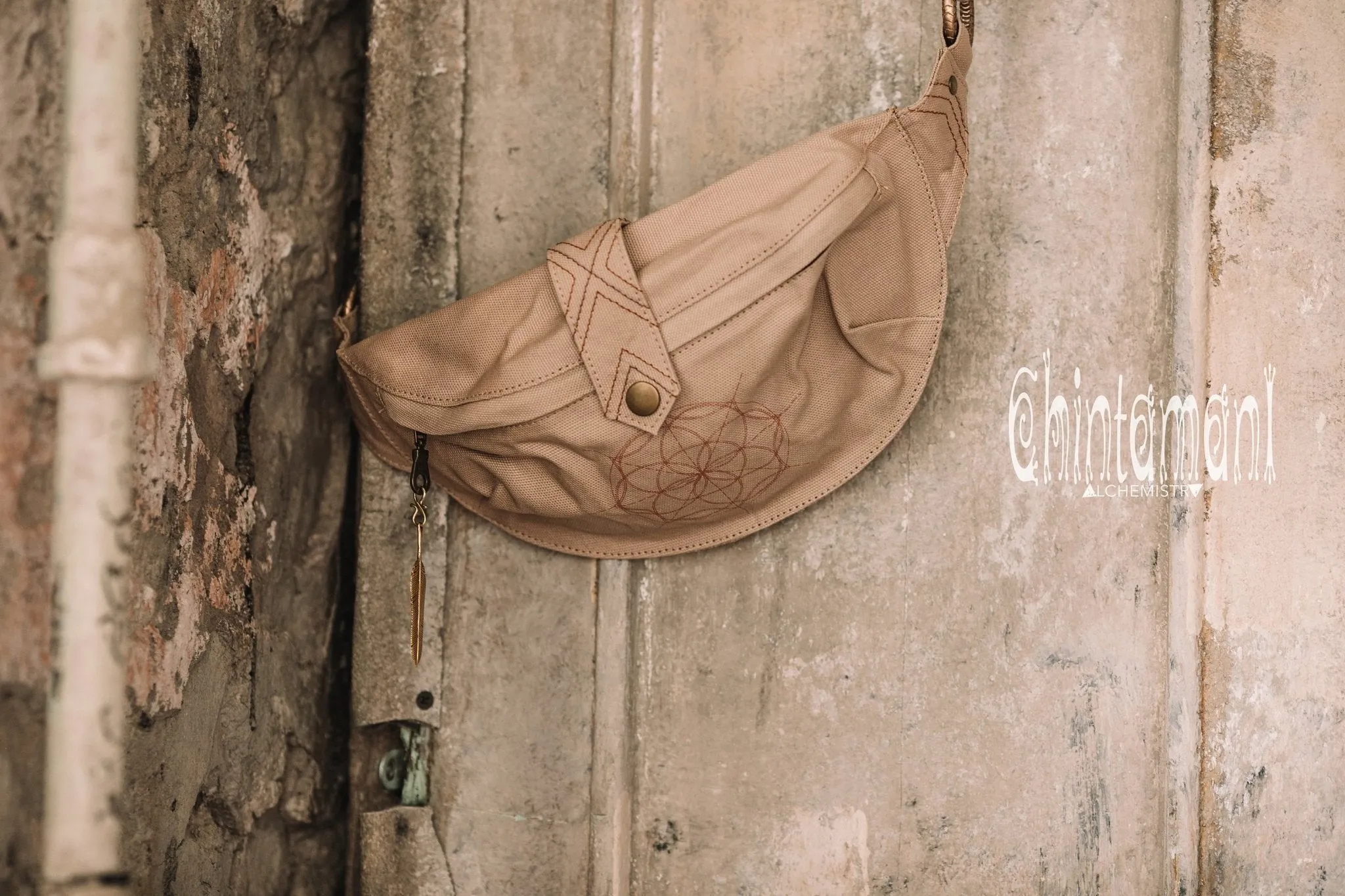 Cotton Canvas Banana Fanny Pack / Waist Bum Bag with Flower of Life Pattern / Beige