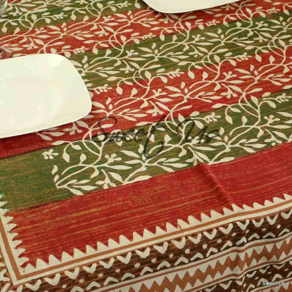 Cotton Dabu Floral Vine Tablecloth Rectangle 70x98 Rust Olive Green