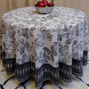 Cotton Elegant Floral Tablecloth Round Gray White