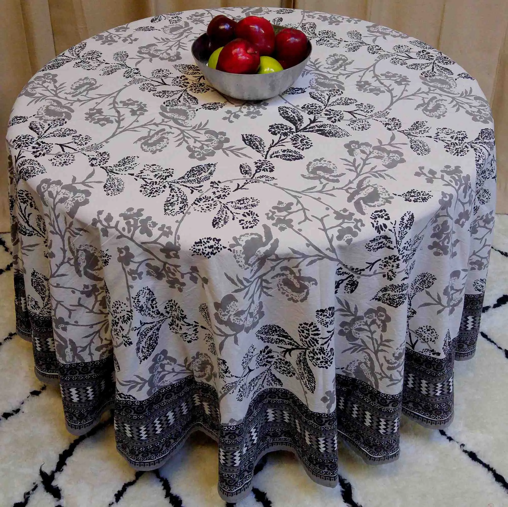 Cotton Elegant Floral Tablecloth Round Gray White