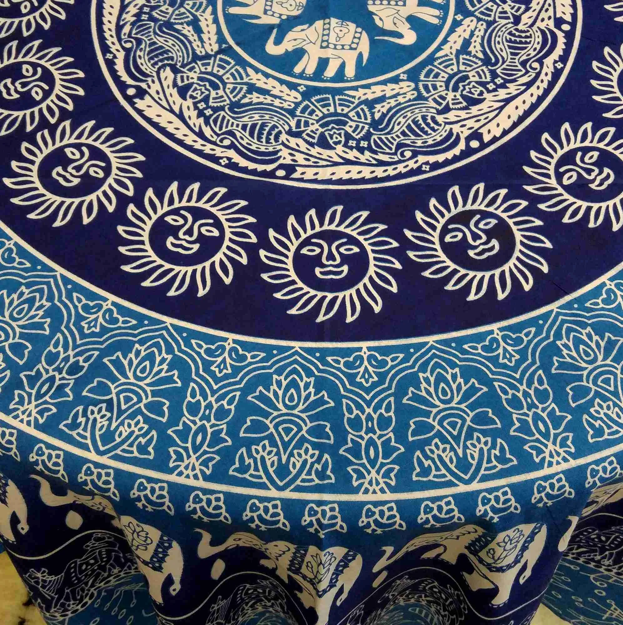 Cotton Elephant Mandala Floral 81" Round Tablecloth Blue Green Yellow Red