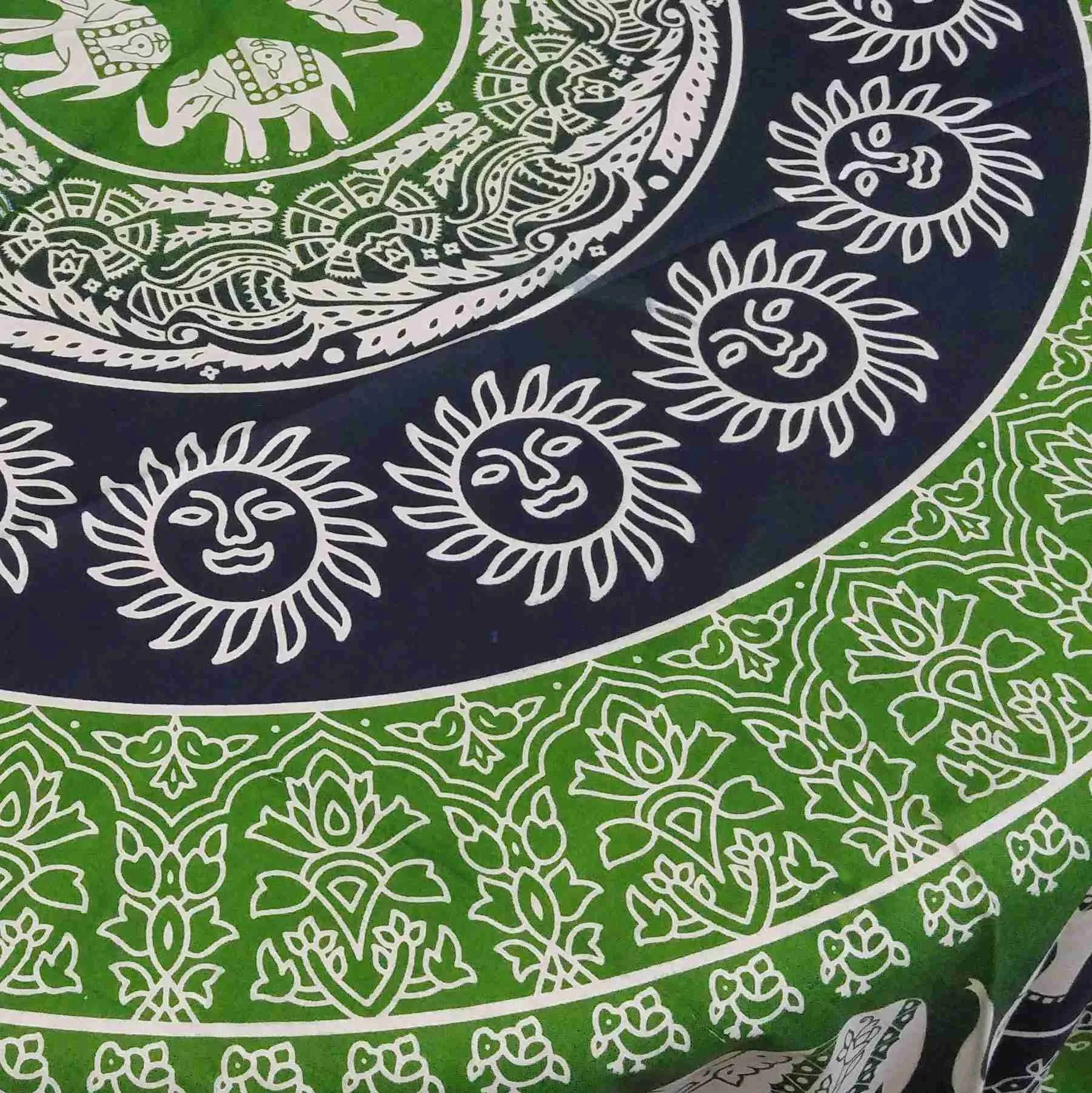 Cotton Elephant Mandala Floral 81" Round Tablecloth Blue Green Yellow Red