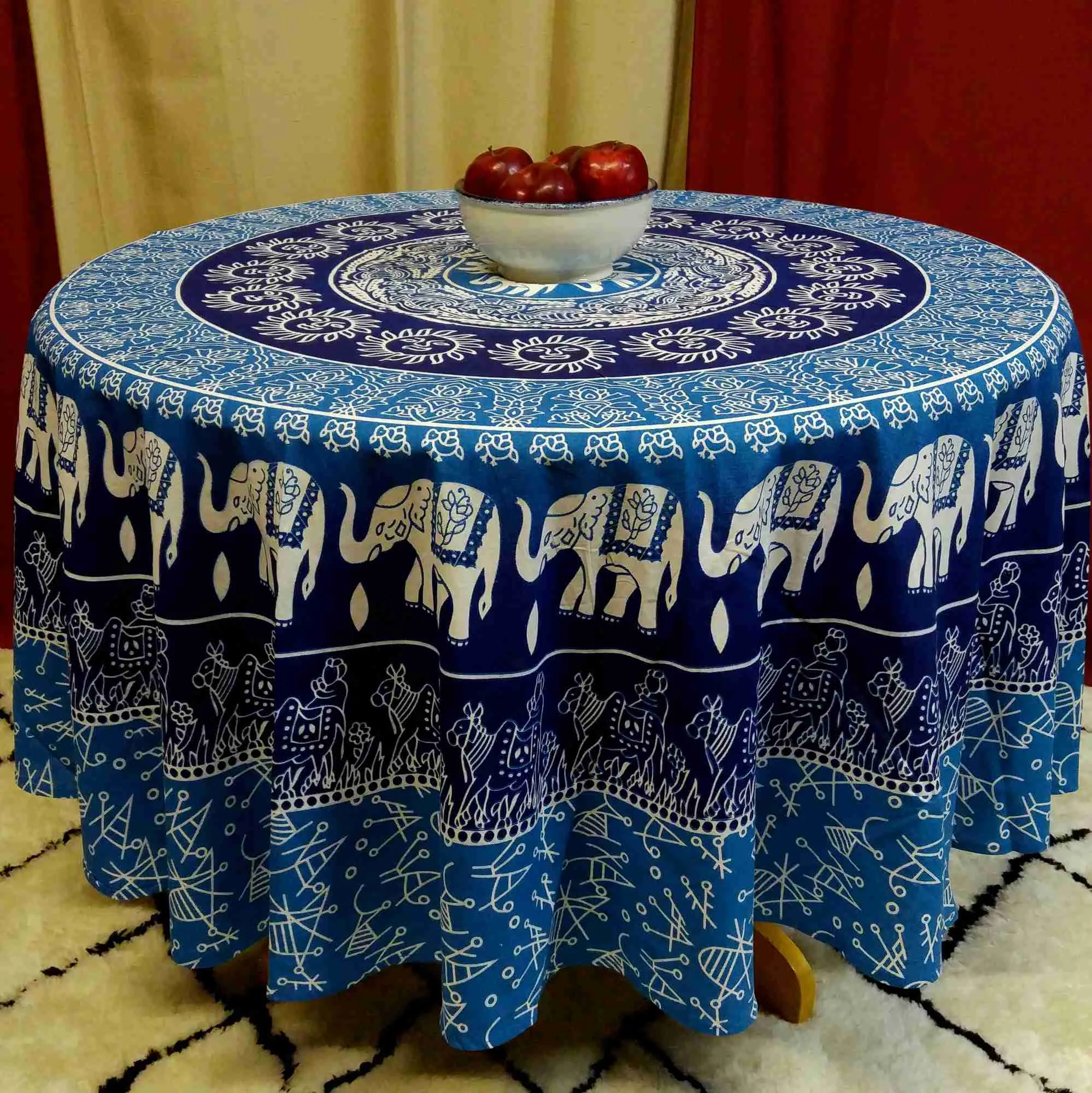 Cotton Elephant Mandala Floral 81" Round Tablecloth Blue Green Yellow Red