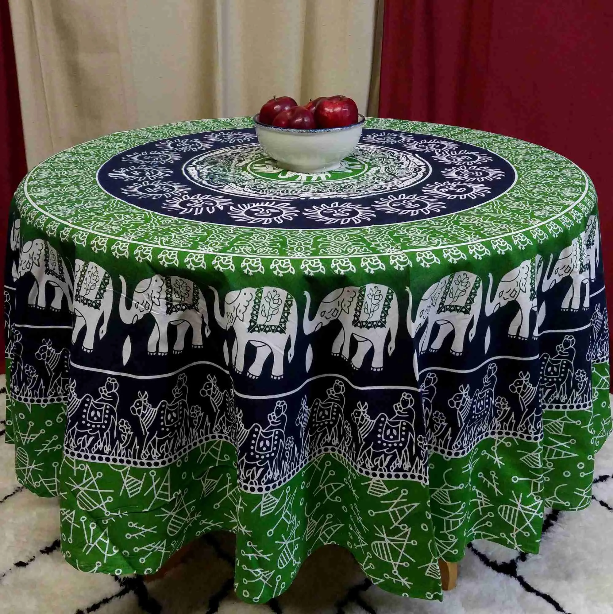 Cotton Elephant Mandala Floral 81" Round Tablecloth Blue Green Yellow Red