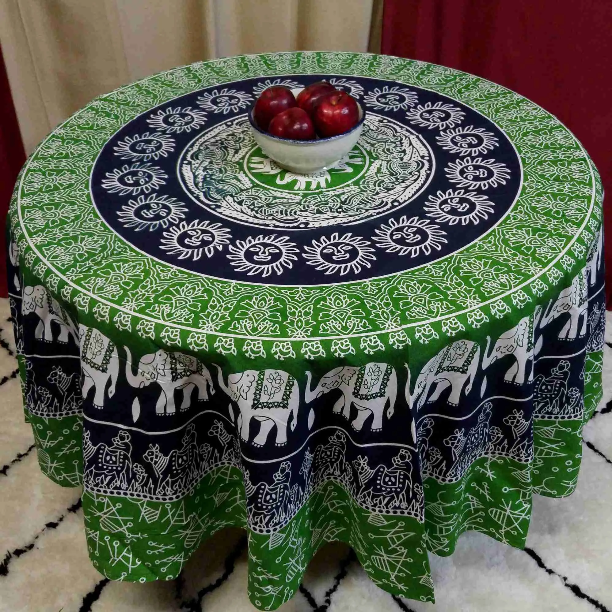 Cotton Elephant Mandala Floral 81" Round Tablecloth Blue Green Yellow Red