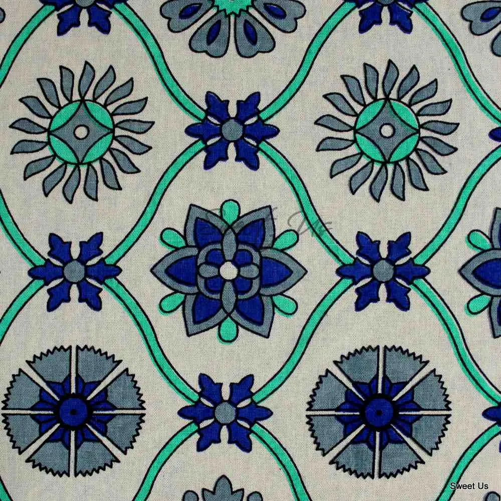 Cotton Floral Geometric Tablecloth Rectangle Blue Turquoise Gray White