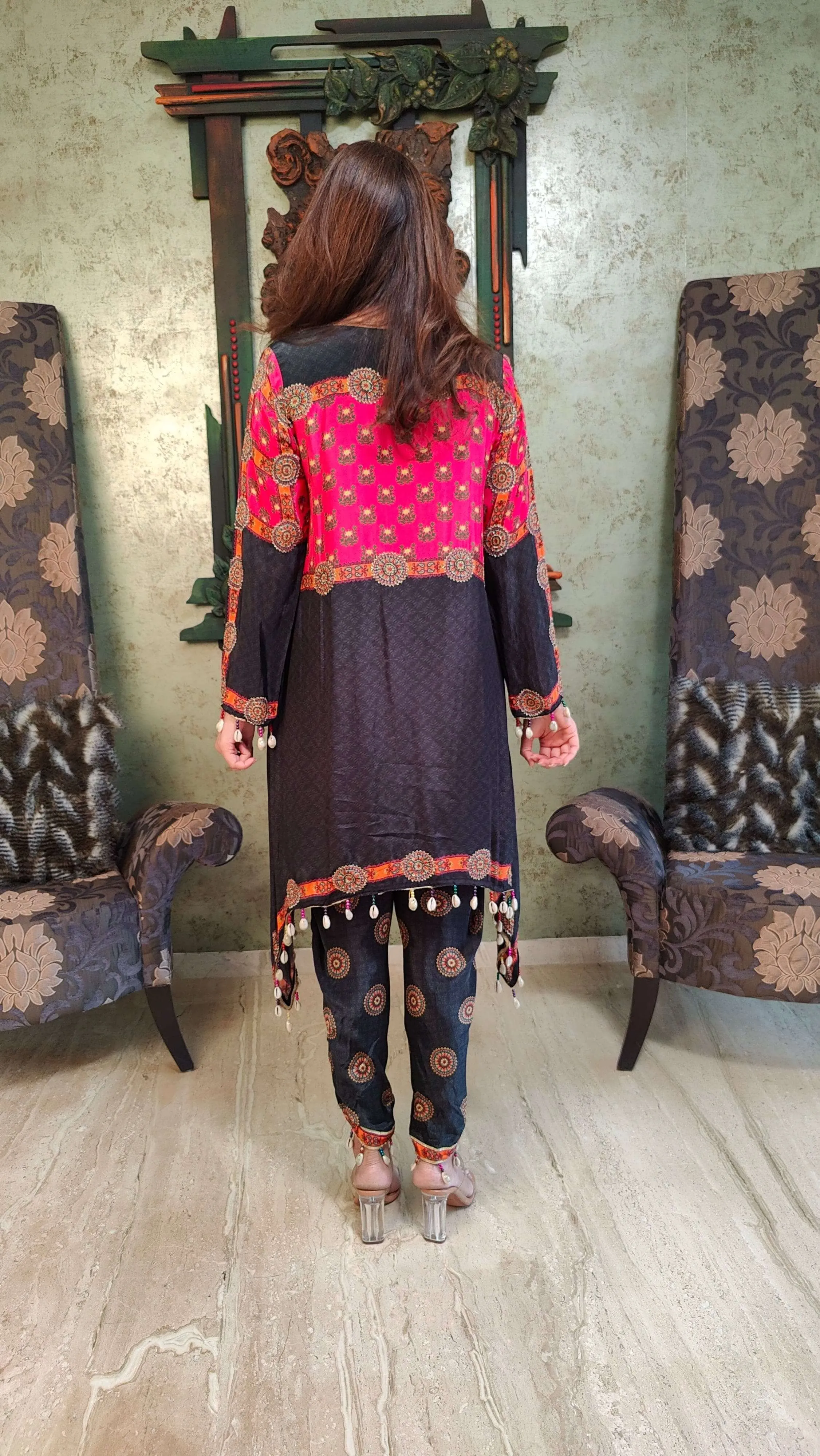 Crepe Shell Black Pink Kurta Dhoti