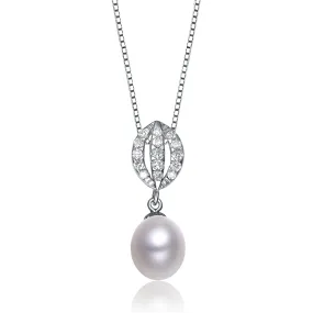 Cubic Zirconia Sterling Silver White Gold Plated Pearl Drop Pendant