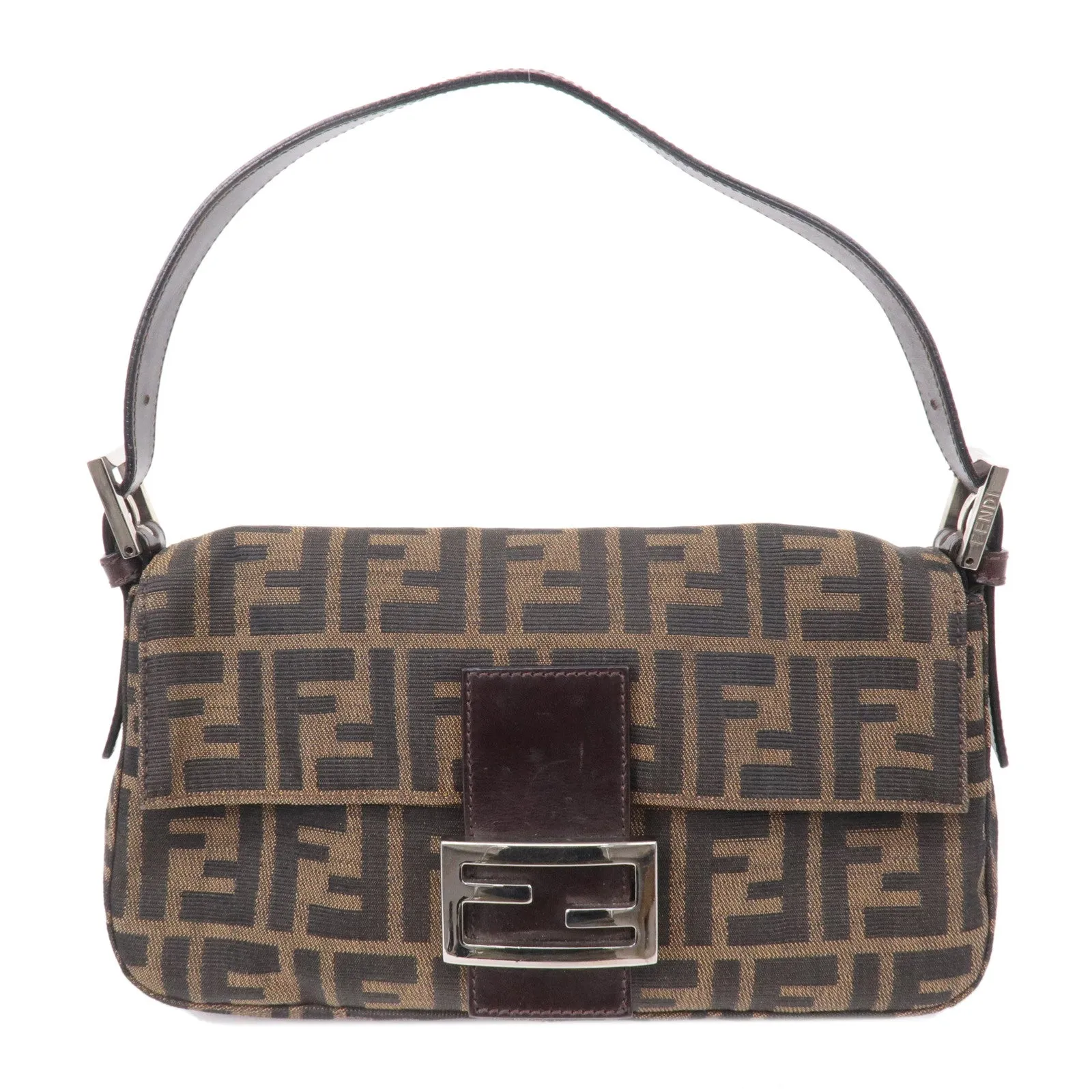 FENDI Mamma Baguette Canvas Leather Shoulder Bag Brown 26424