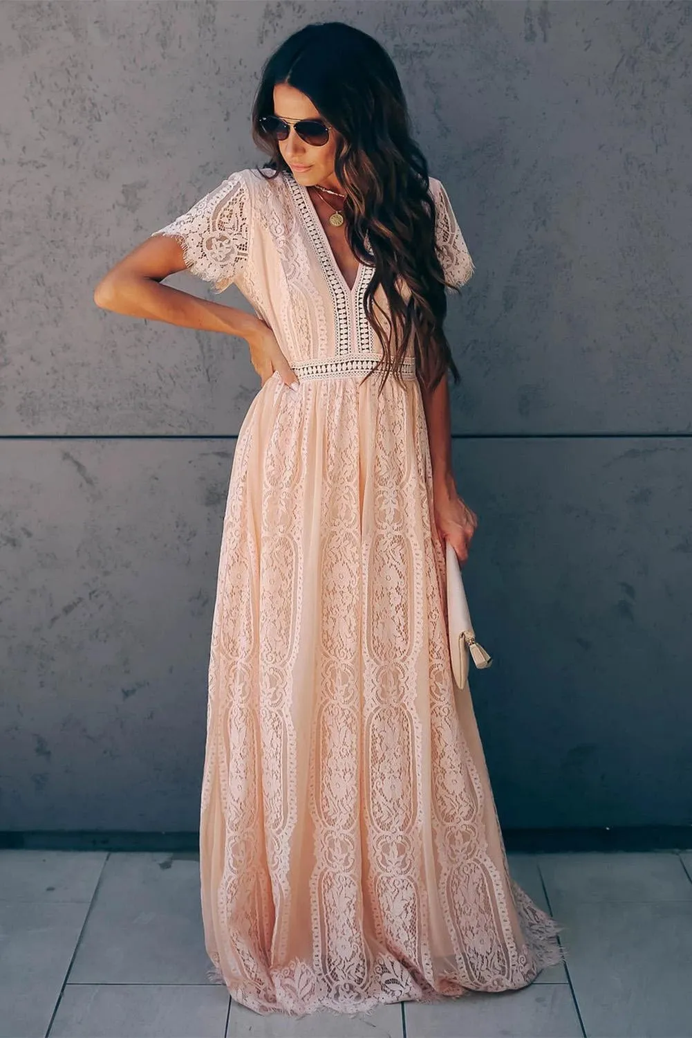 Fill Your Heart Pink Lace Maxi Dress