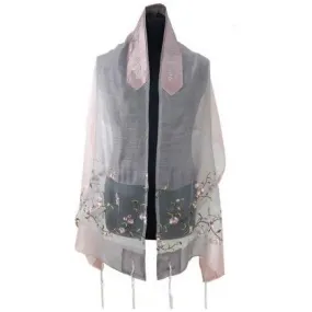 Floral Embroidery Light Rose Grey Tones Silk Tallit Tallis Prayer Shawl Set Hand Made By Ronit Gur