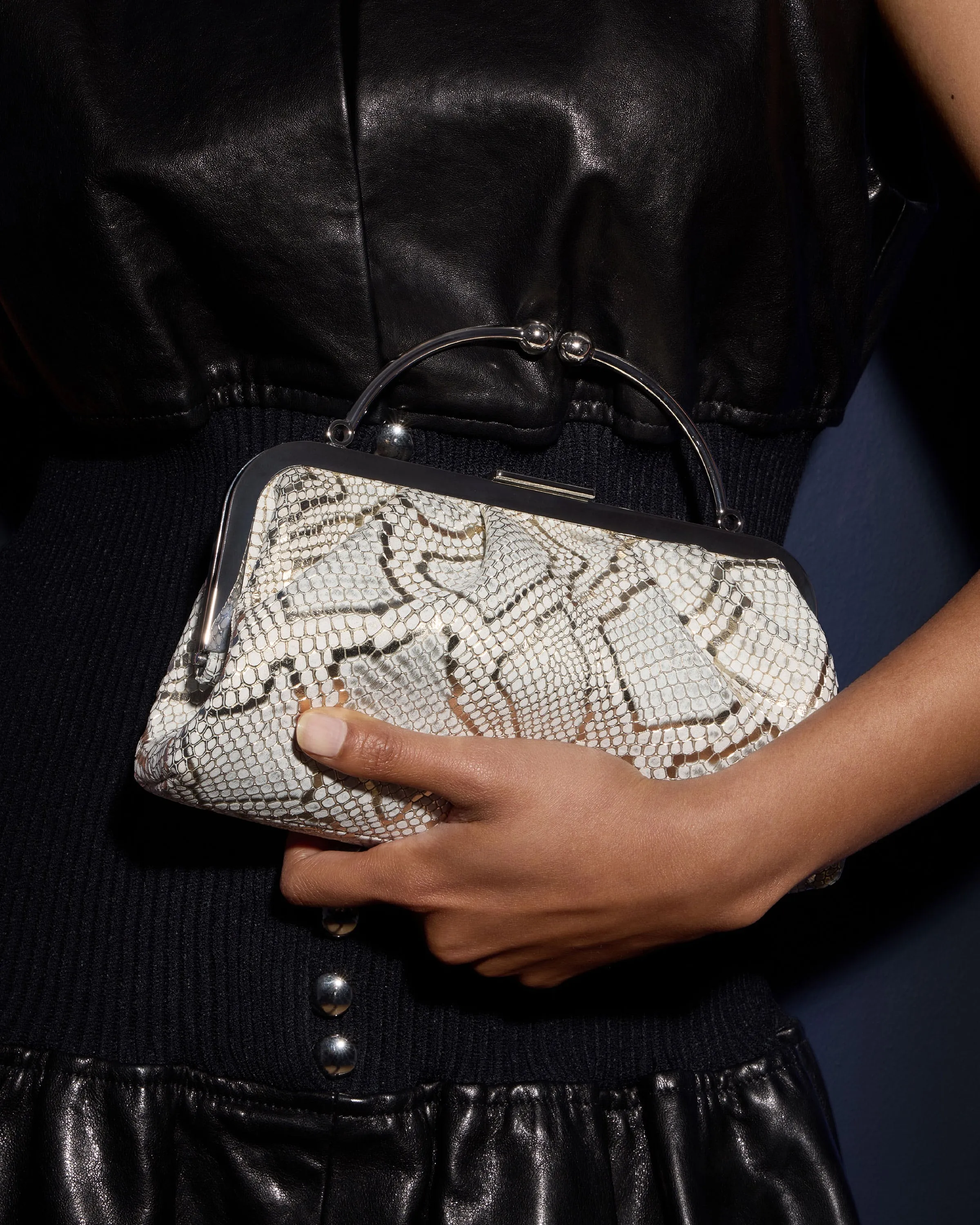 Frame Clutch - Snake-Embossed Leather Metallic Silver