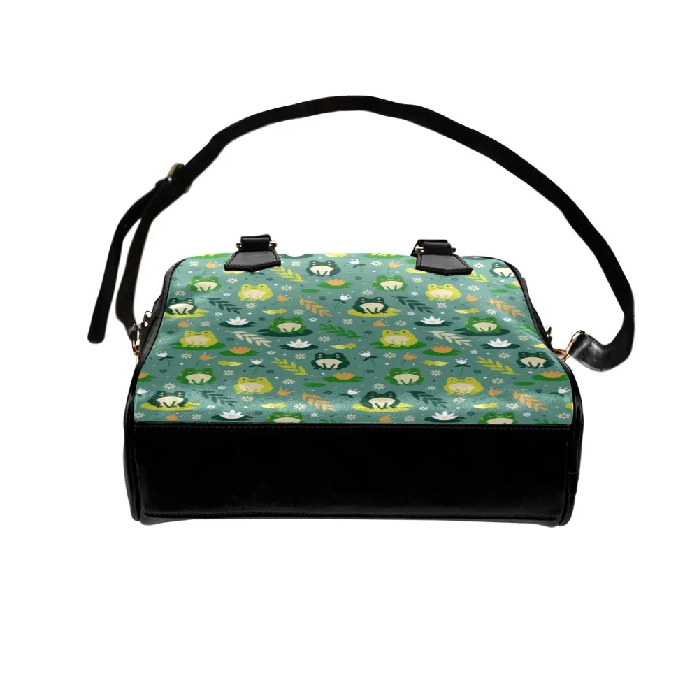 Frog Purse, Kawaii Green Animal Retro Vintage Floral Black Print Small Shoulder Bag Vegan Leather Women Designer Handbag Crossbody Ladies