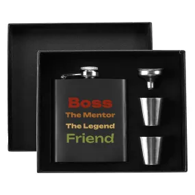 Funny Gag Gift for Boss Appreciation day | Stainless Steel Hip Flask Gift Set with Funnel & Shot Glasses – Boss, Legend, Friend