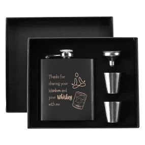 Funny Gag Gift for men | Stainless Steel Hip Flask Gift Set with Funnel & Shot Glasses | Sharing Wisdom and Whiskey