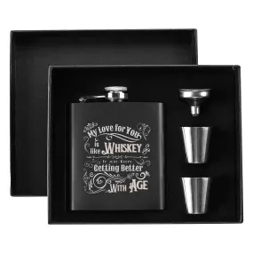 Funny Gag Gift ideas for men | Stainless Steel Hip Flask Gift Set with Funnel & Shot Glasses | Vintage Whiskey gets better with Age