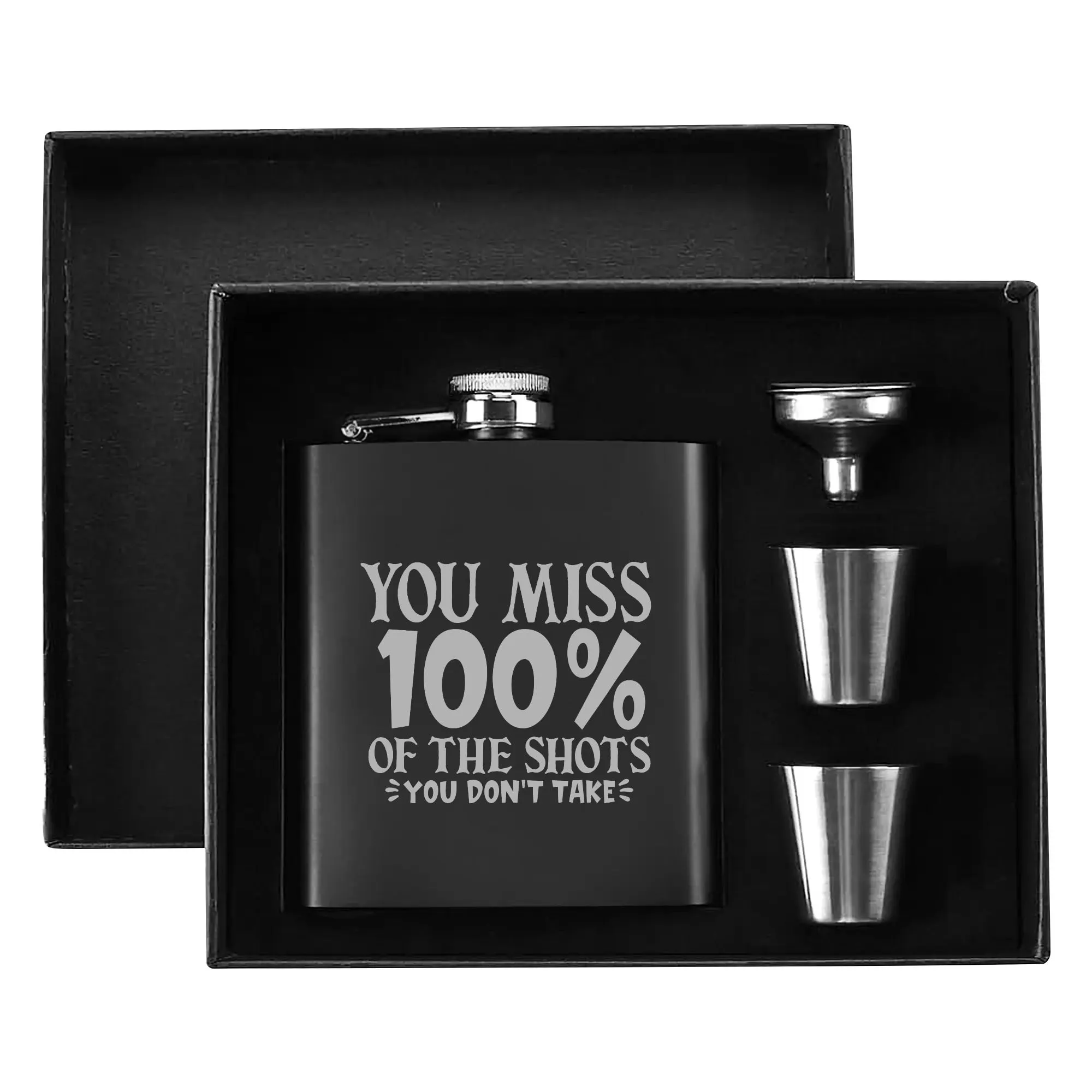 Funny Stainless Steel Hip Flask Gift Set with Funnel & Shot Glasses - The Shots you Miss