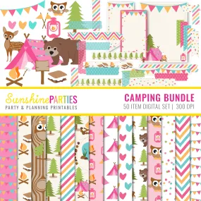 Girls Camping Digital Paper Set | Camp Out Glamping Digital Bundle